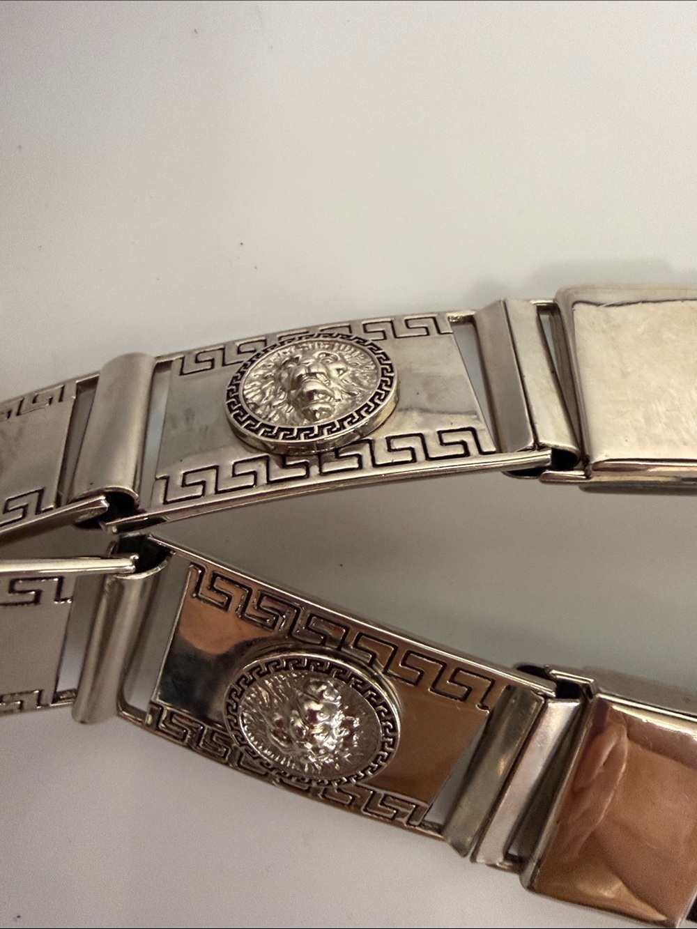 Vintage Silver Lion Head Medallion Belt Greek Key Y2K Statement